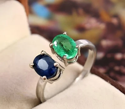 Bague réglable bague saphir bleu bague en argent 925 bague émeraude bague fai... - Photo 1/2