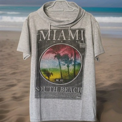 Cedar Wood State Freizeit Damen T-Shirt Grau Kurzarm Kapuze Miami Print Gr. L