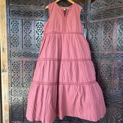Coldwater Creek Eyelet Dress Womens L/XL 100 Cotton Embroidered Boho Dusty Rose