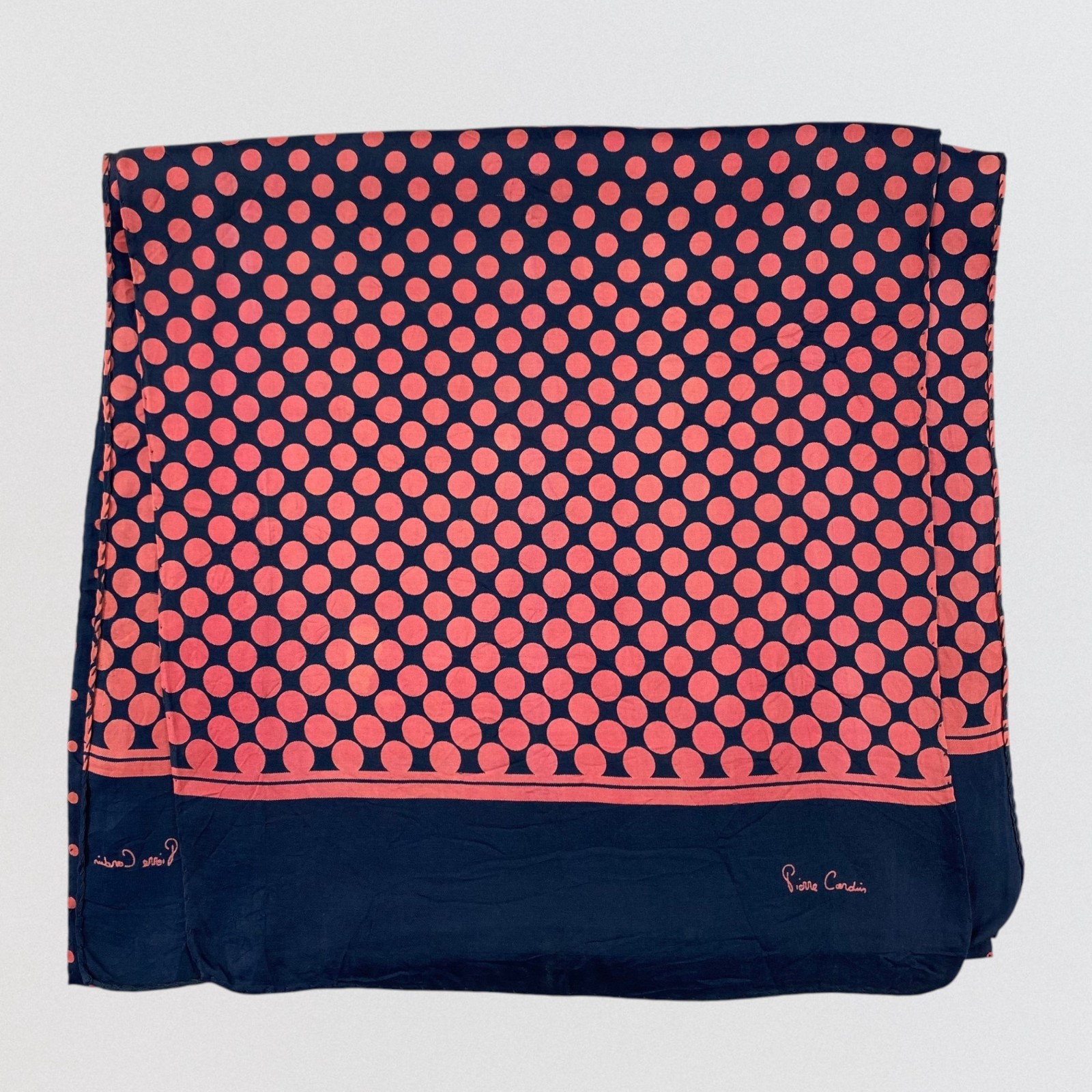 Vintage Pierre Cardin Silk Scarf Navy Blue Pink Polka Dot Large Square 34"