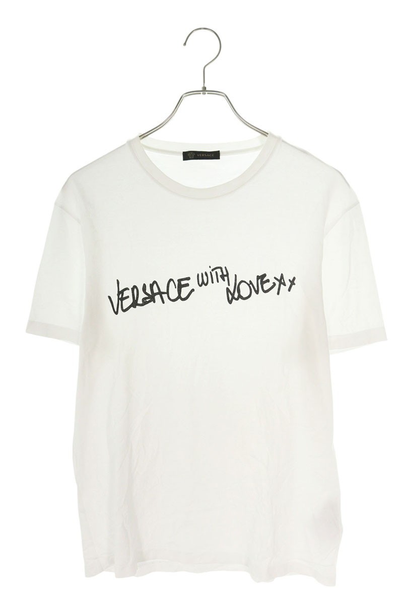 Versace L White Logo T-Shirt Men's Used Cotton Slim Fit Top Versace L White Logo T-Shirt Men's Used Cotton Slim Fit Top