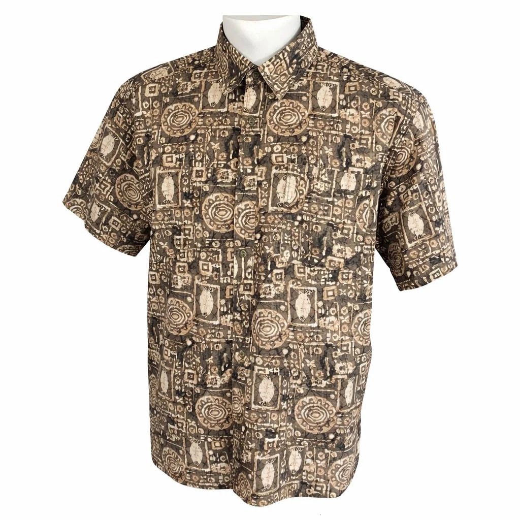 Columbia Hawaiian Aloha Shirt XL Tribal Symbols Fish Brown Tan