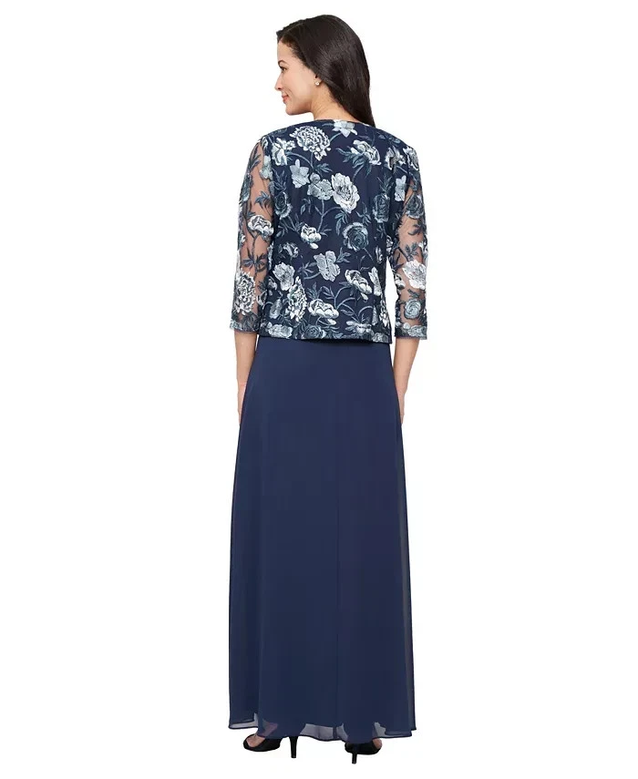 Alex Evenings 海军蓝花卉刺绣模拟两件式礼服 18 码 249 美元 — 第 2/4 张图片