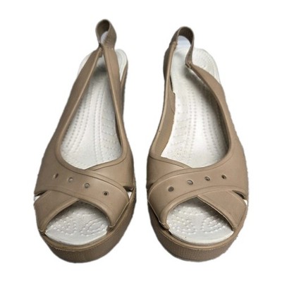 Crocs Farrah Sandals Tan Peep Toe Wedge Sling Back Heel Women's Size 9
