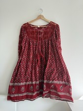 ✿ Free People Boho Lace Printed Peasant Dress L Red Floral Tassel Trim Flowy