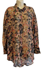 Monsoon Floral Shirt Dress L Metallic Stripe Sheer Viscose Button Up Tunic