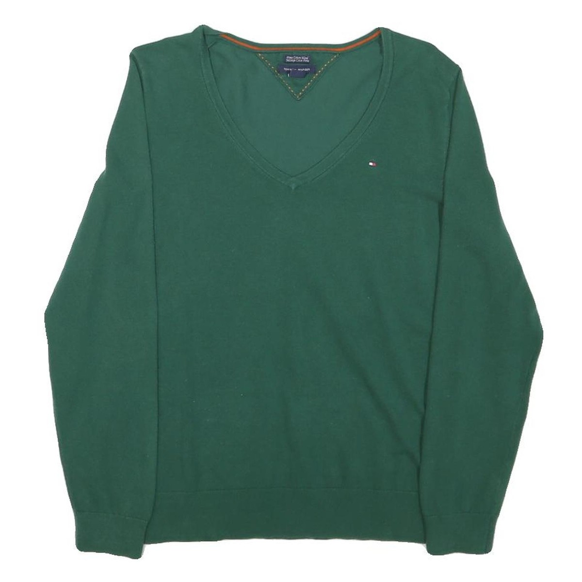 TOMMY HILFIGER Womens Green Cotton Blend Plain V-Neck Basic Knit Jumper L  Casual