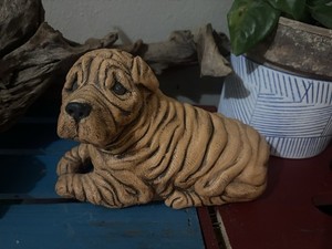 Vintage Shar Pei Dog Figurine Wrinkled Puppy Resin Statue C&S Marked 8x5