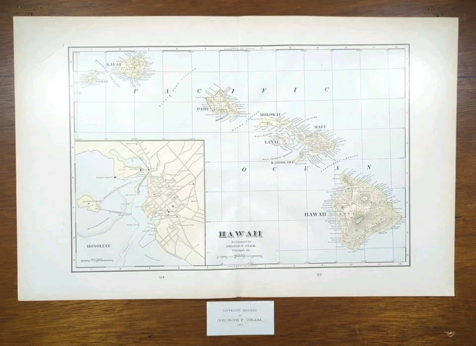 Mapa HAWAII 1901 22"x14" Antiguo Antiguo Original HONOLULU OAHU LANAI MAUI HI Foto 2 de 4