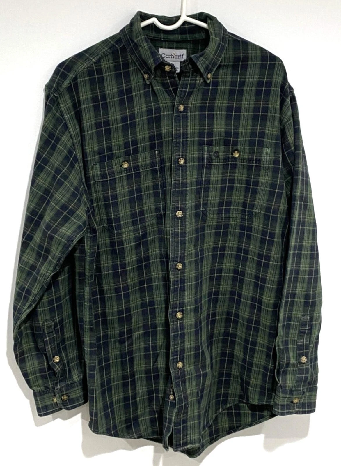 Carhartt Men’s Medium Thick Flannel Shirt Green and Navy Plaid