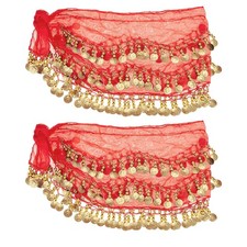 Belly Dance Hip Scarf 57 x 11 , 2 Pack Women Belly Dance Skirt, Red