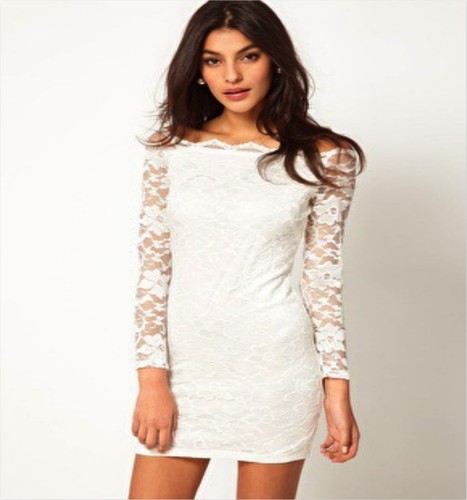 Classic Sexy Women's Lace Bodycon Off Shoulder Long Sleeve Evening Party Dress - Picture 9 of 14