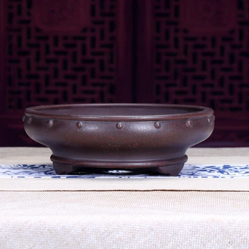 7" Round Traditional Chinese Bonsai Pot Old Style Unglazed Purple Sand Flowerpot - Picture 19 of 27