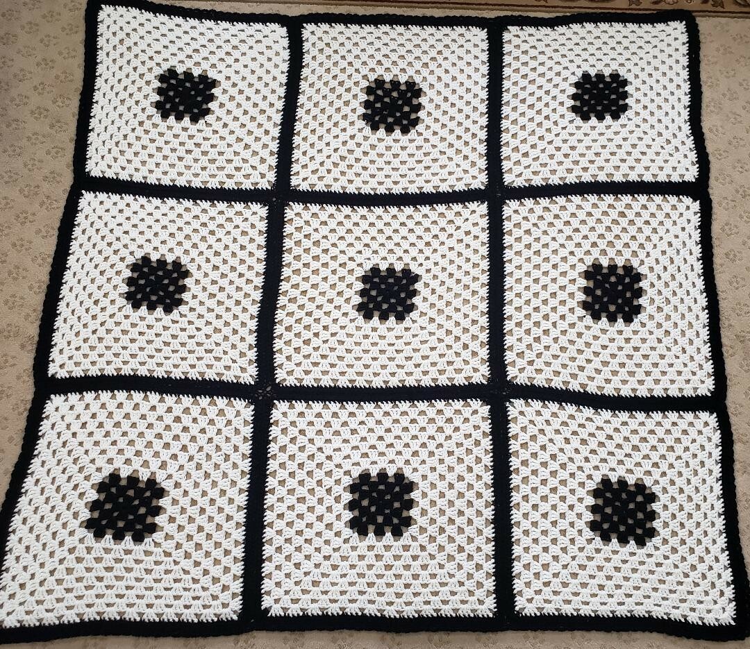 Granny Square Afghan Hand Made Crochet Blanket Throw Black White