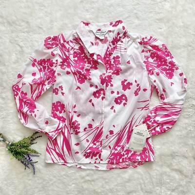Vintage White & Pink Floral Blouse NEW Size 10 Button Front 70s 80s Silky