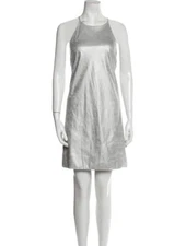 H Halston Metallic Crackle Silver High Neck Halter Mini Cocktail Dress EUC Sz 6