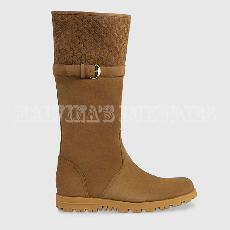 BOTTES GUCCI CUIR DAIM MARRON ÉRABLE MICROGUCCISSIMA BOUCLE OLIVE 34 G US 4