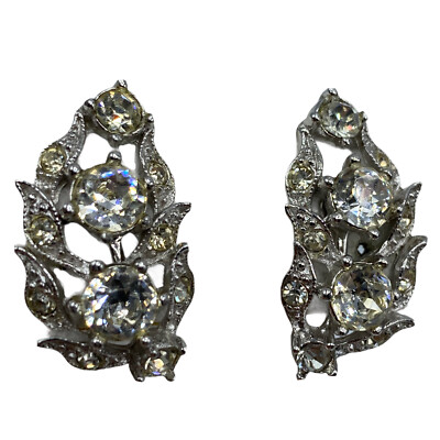 Vtg Bogoff Crystal Rhinestone Earrings Signed Screw Back Wedding Formal  Spray