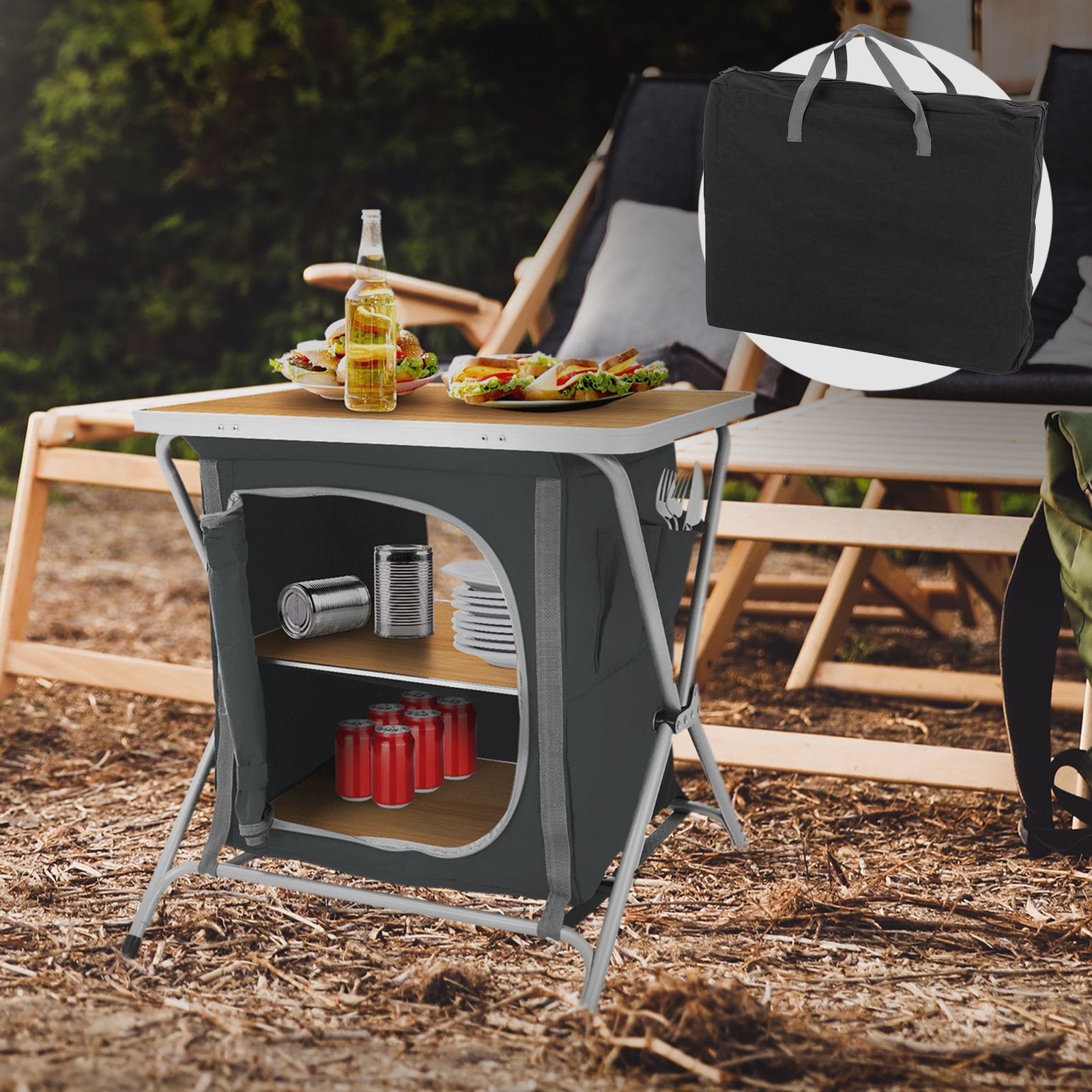 Cocina plegable de camping mesa auxiliar exterior caja con estantes madera-negro