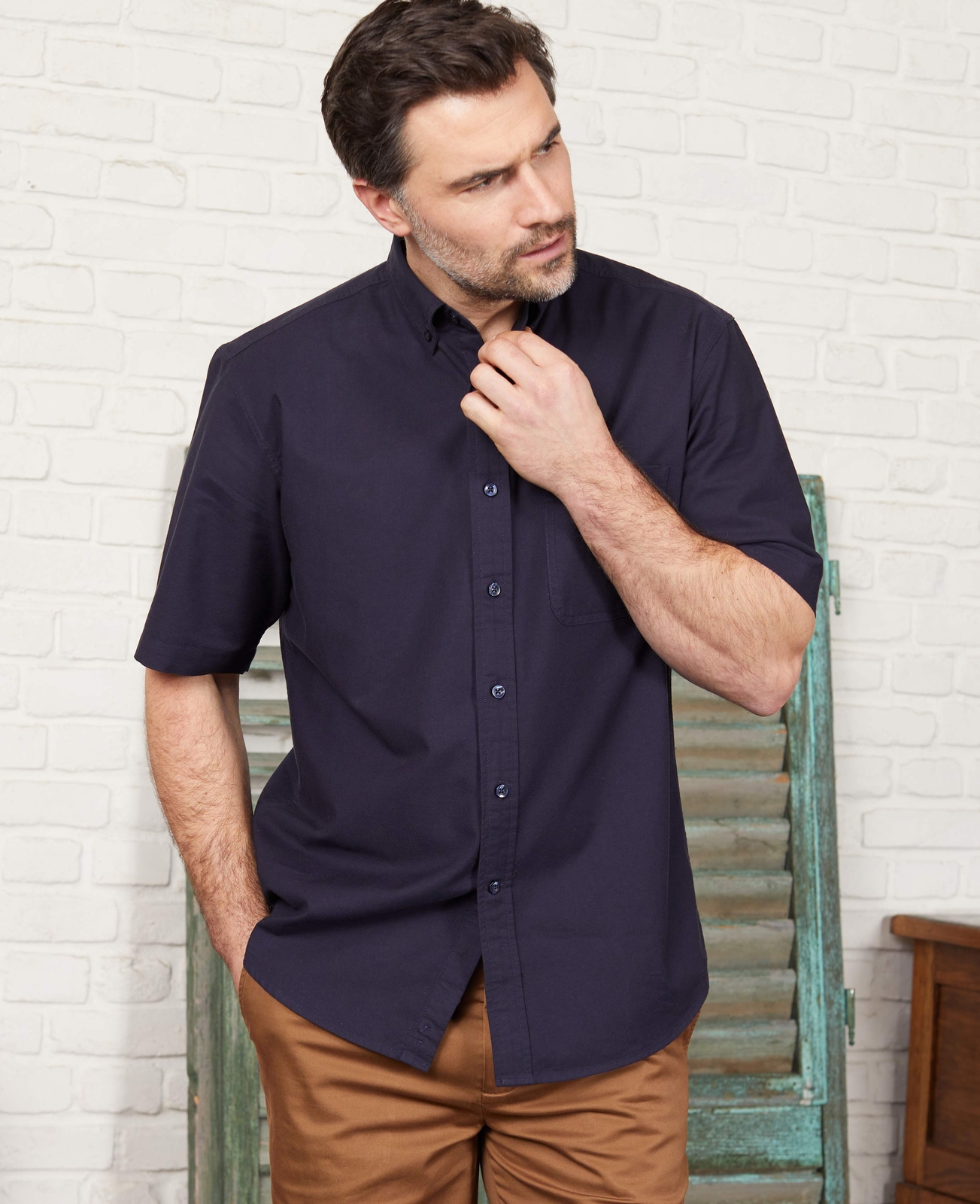 FILA Camicia Oxford da uomo Savile Row Company vestibilità classica navy scuro manica corta cotone