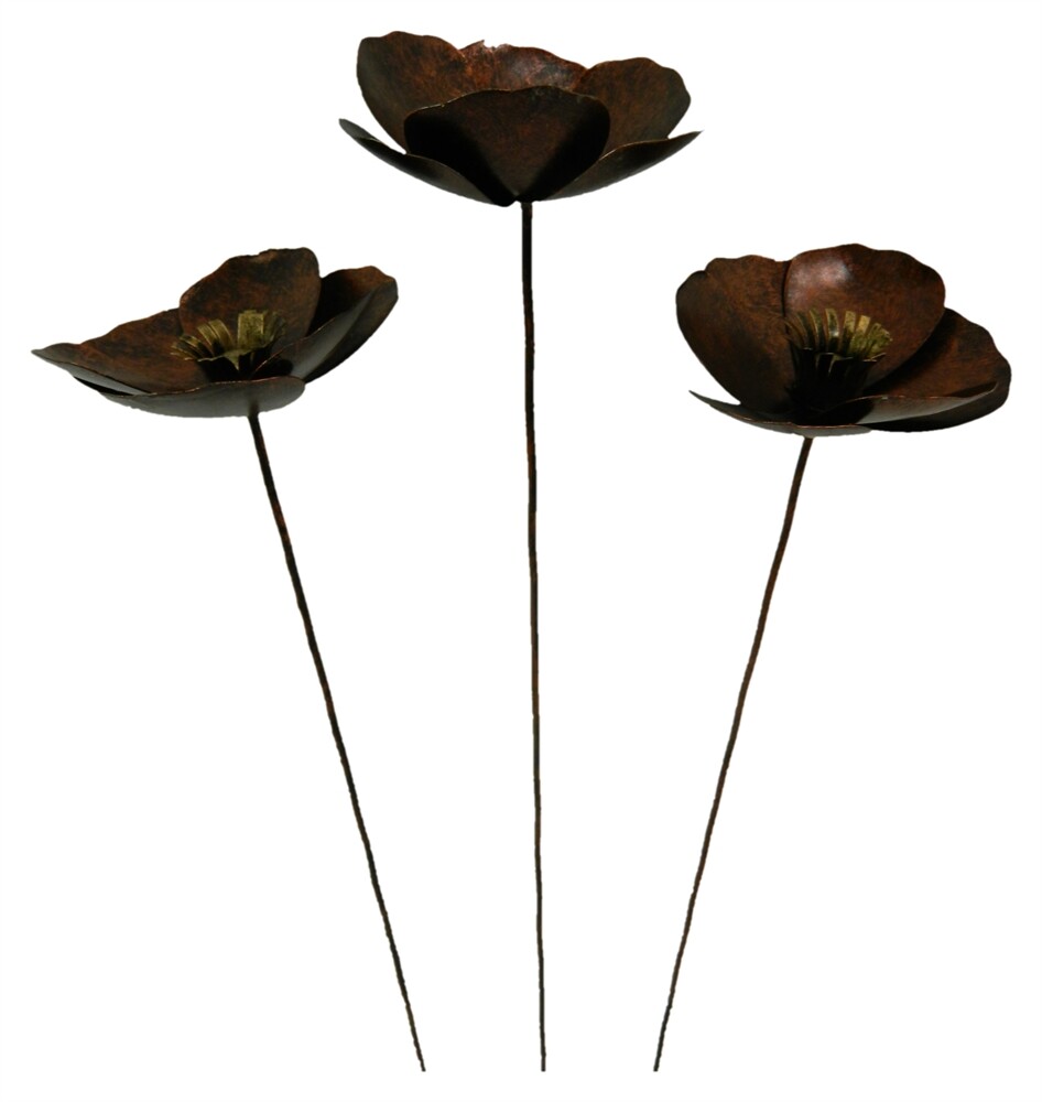 Metal Poppy Flower Garden Ornament Set of 3 Poppies on 100cm stick