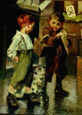 Impressionist, children with dog around 1900, origin. Oil picture, original frame 47 x 60 cm