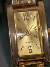 Womans Gold Tone Dial Rectangle Case Link Bracelet Band Watch