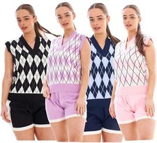 Ladies Argyle Knit Vest & Shorts Co-ord Set 2 Piece Lounge Summer Outfit