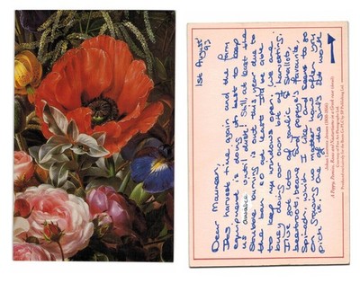 Postkarte - Blumenkunst Gemälde Ein Mohn, Pfingstrosen, Rosen und Kapuzinerkresse UNBESPIELT