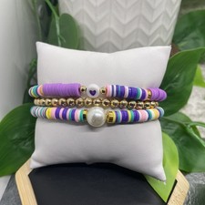 3 PC Set Heishi 7” Plus Stretch Bracelet Polymer Clay Beads Pearl B8136