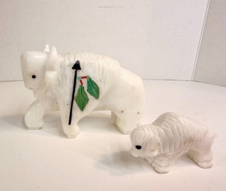 Zuni “ White Buffalo" Adult and Baby Fetish Native Hand Carved Animals Signed FB