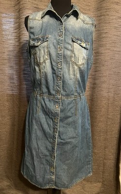 Esprit Denim Sleeveless Button-Down Shirt Dress Blue 100% Cotton Knee Length