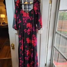 Rebecca B Women's Black Pink Floral V-Neck 3/4 Sheer Sleeve Dress Size 12