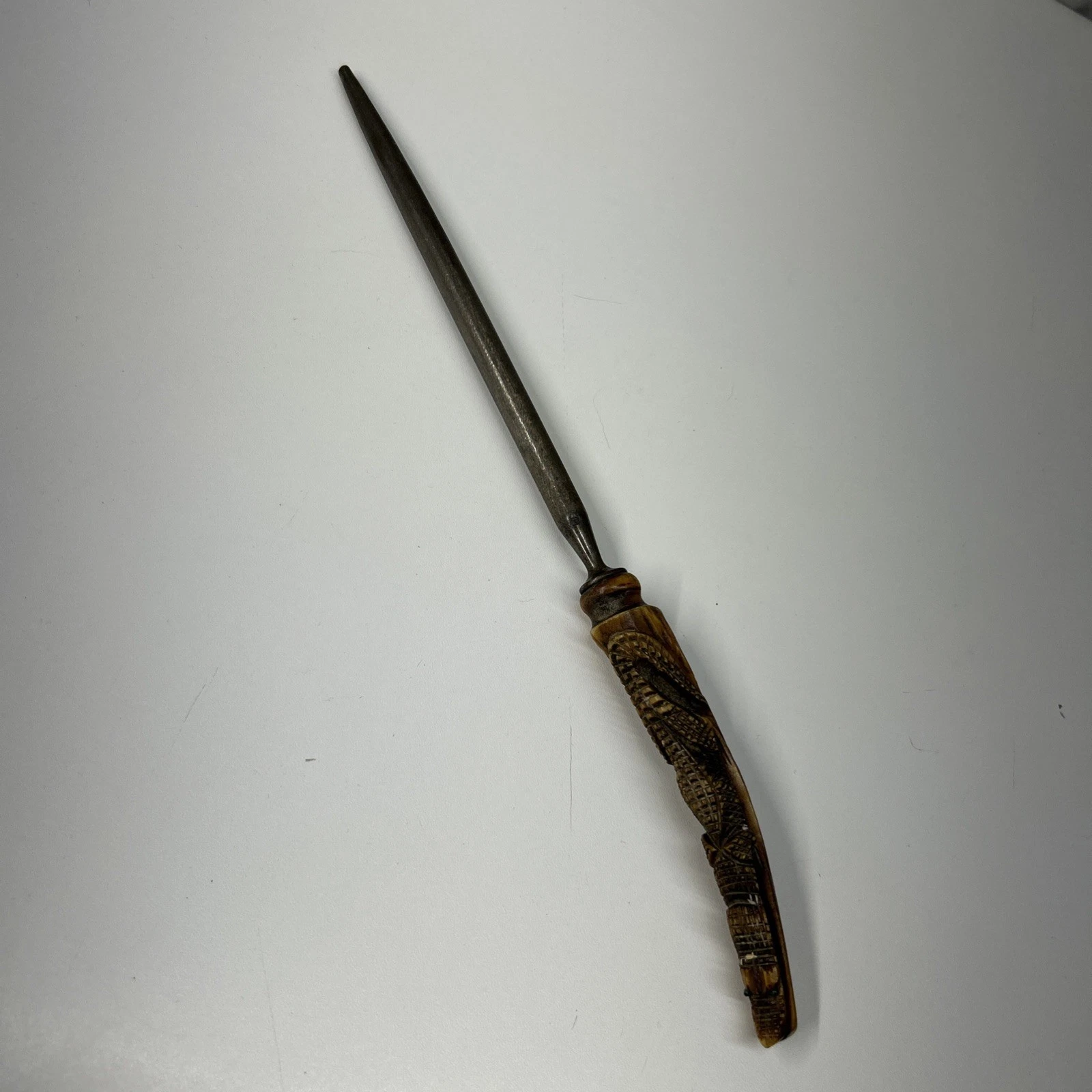 VTG Hand Carved Deer Antler Crocodile Handle Knife Sharpener Green Eyes