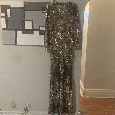 Black Silver Sequin Maxi Dress Long Sleeve Geometric Formal Party 20s Style  | eBay