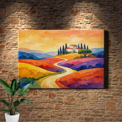 Modern Nordic Abstract Canvas Painting Sunset Cypress Trees Italian Inspired