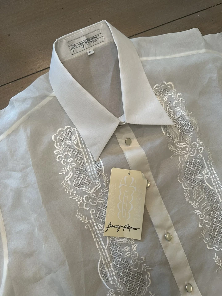 Barong Filipino Shirt Mens XL Jusi Raw Silk Embroidered Short Sleeve Formal - Image 2 of 4