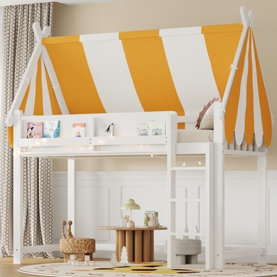 Twin Size Loft Bed with Canopy,LED Lights & Book Shelf,White