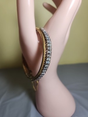 Vintage Miriam Haskell Rhinestone and Brass Hinged Bangle Bracelet. Signed