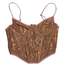 Out From Under Corset Top Womens S Pink Holographic Rave Concert Metallic Boned