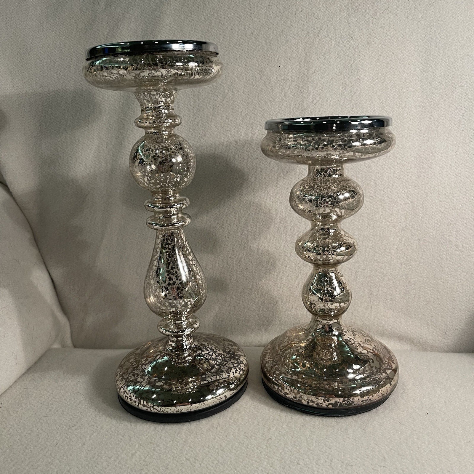 Mercury Glass Pillar Candle Holder Set of 2 in 8.5 and 10.75 Inch Heights
