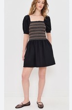 Madewell Poplin Puff Sleeve Mini Dress Womens Large Black Smocked Cottagecore 