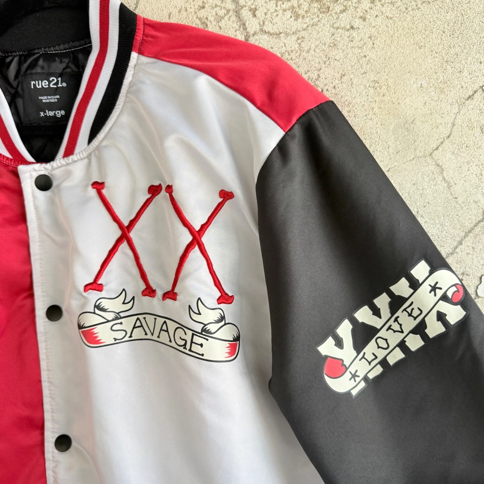 Rue 21 Savage Bomber Jacket Mens XL Satin Streetwear Varsity Graphic Coat Unisex image 2