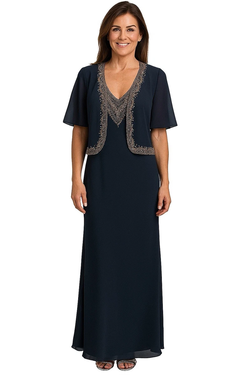 J Kara Ladies Dresses J Kara Women's Hand-Beaded Capelet Dress - Floor  Length Black Evening Gown Plus Size