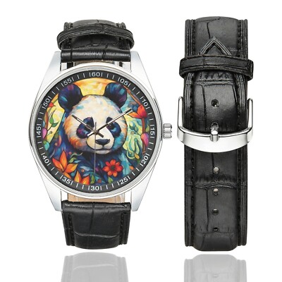 Buntglas Panda Uhr mit schwarzem Lederband für Erwachsene