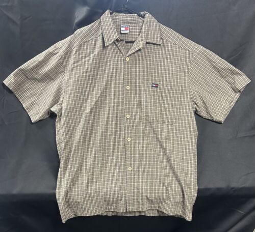 VTG Tommy Hilfiger Large Tan Plaid Button Down Shirt Made In USA - Afbeelding 1 van 5
