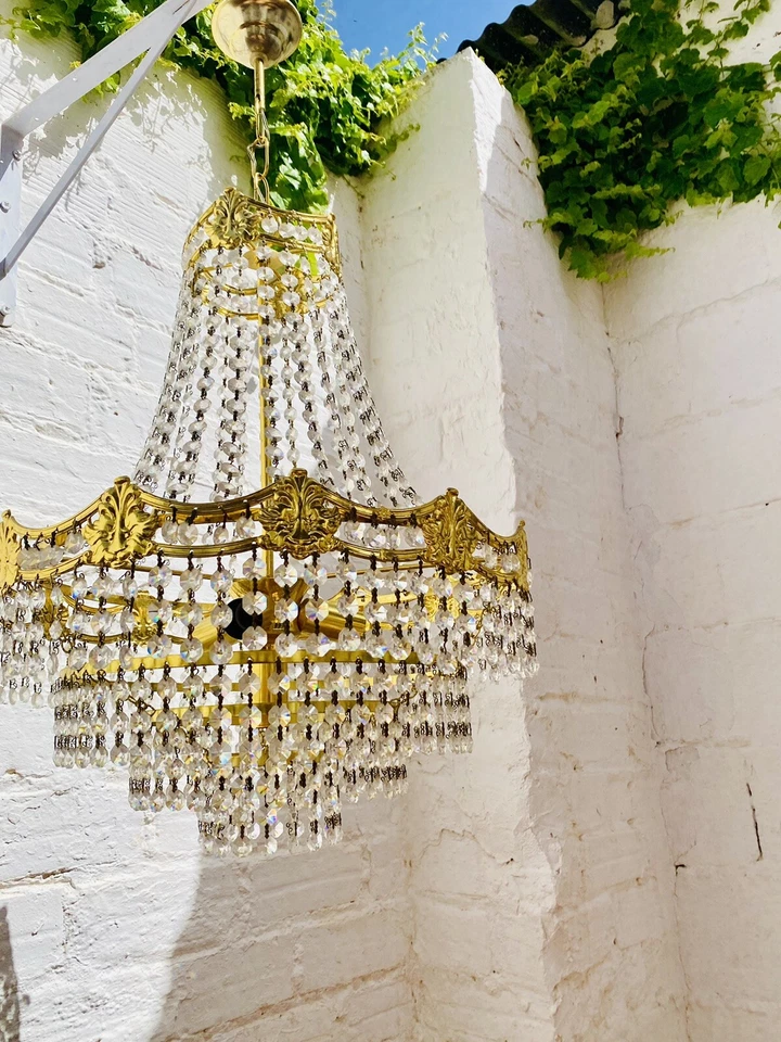 35" x 17" Vintage French Empire Chandelier Tiered Crystal Gold Brass Hollywood - Image 3 of 4