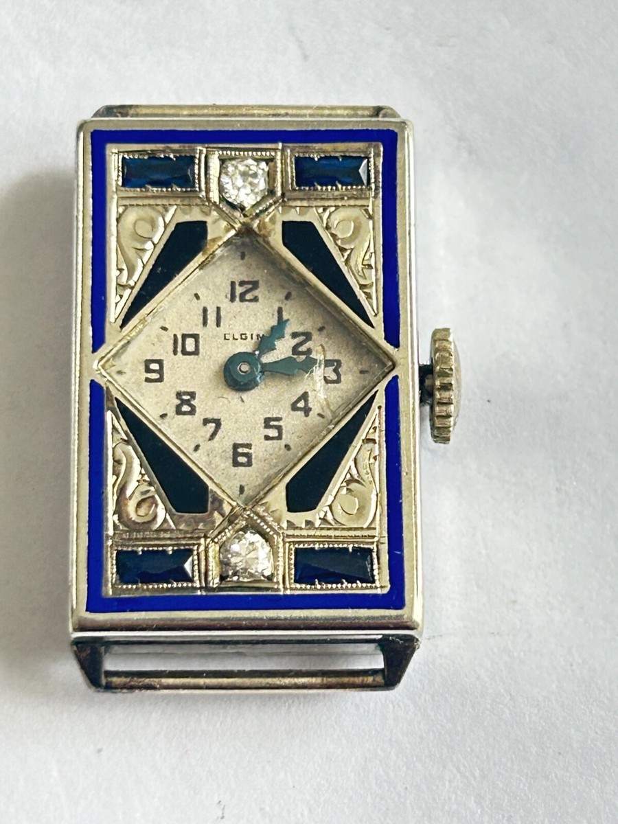 Antique Elgin Art Deco Enamel White Gold Filled diamond