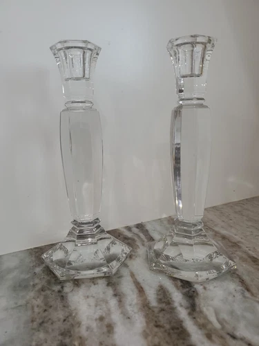 Vintage Candlsticks WATERFORD ODESSA Hexagonal Pillar Crystal 8" Tall Pair