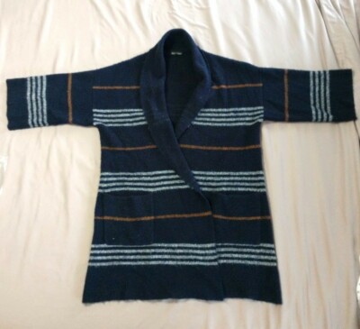 Dor Dor Couture Womans Sz S Cardigan Sweater Open Front Blue w Stripes Pockets 